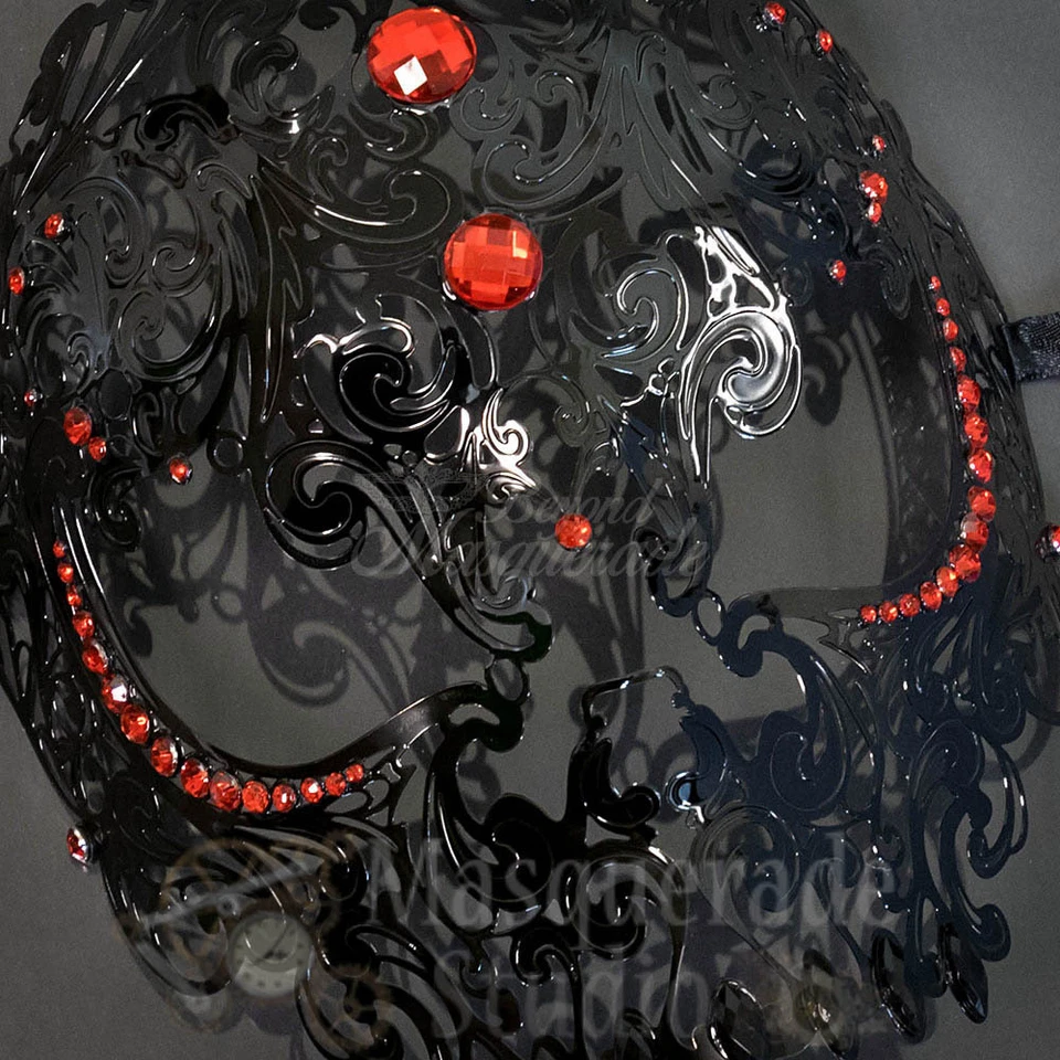 Womens Black Full Skull Phantom Filigree Metal Masquerade Mask [Red Rhinestones] - Image 4 of 4