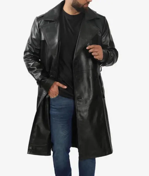 New Double Breasted Black Lambskin Trench Leather Overcoat Men