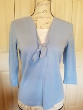 Hasting Smith Top Petite Small Blue White 2fer 3/4 Sleeve EUC