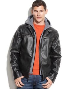 GUESS Mens Faux Leather Hooded Moto Jacket 