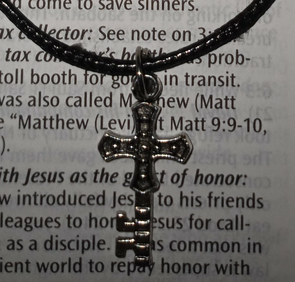 KEY CROSS PENDANT WAX LEATHER NECKLACE AND HOOK EARRINGS SET RELIGIOUS CRUCIFIX  - Image 2 of 4