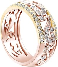 3/8 Ct Natural White Diamond Vintage style Two Tone Wedding Band Ring 14K Gold