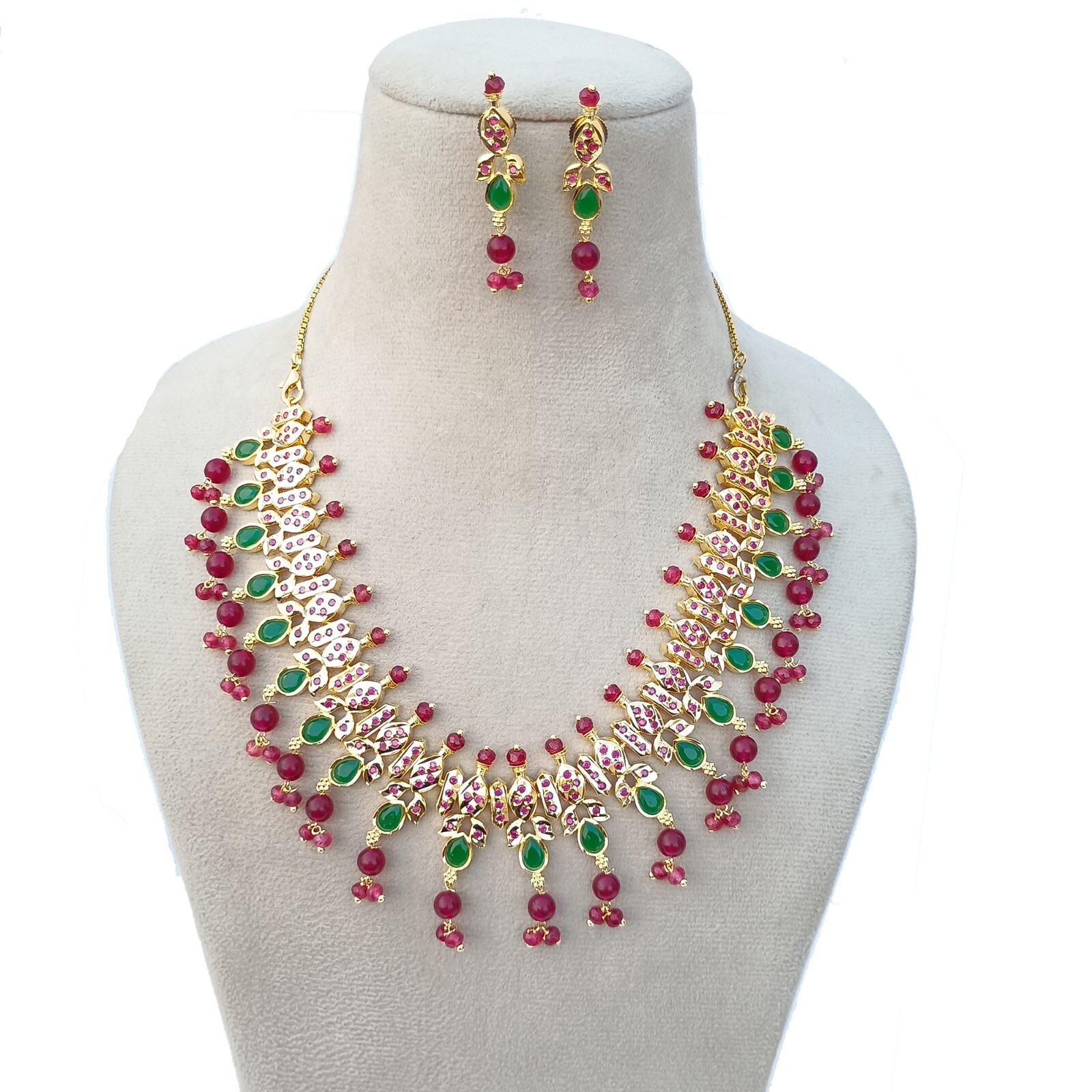 Indian Ruby Emerald Choker Necklace Earrings Set Gold Plated Wedding Jewelry