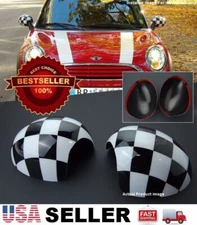 Black White Checker Side View Mirror Cover Cap Tape on For MINI Cooper R55-R61