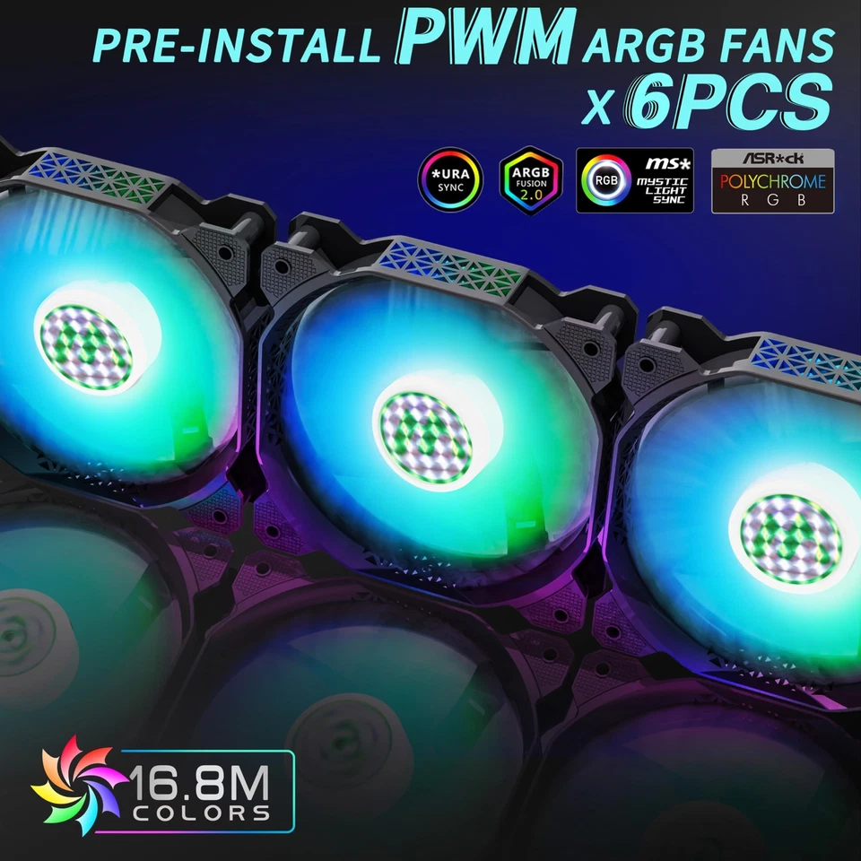 ATX PC Gehäuse Pre-Install 6 PWM ARGB Lüfter Polygonal Mesh Computer Gaming G... - Bild 2 von 4