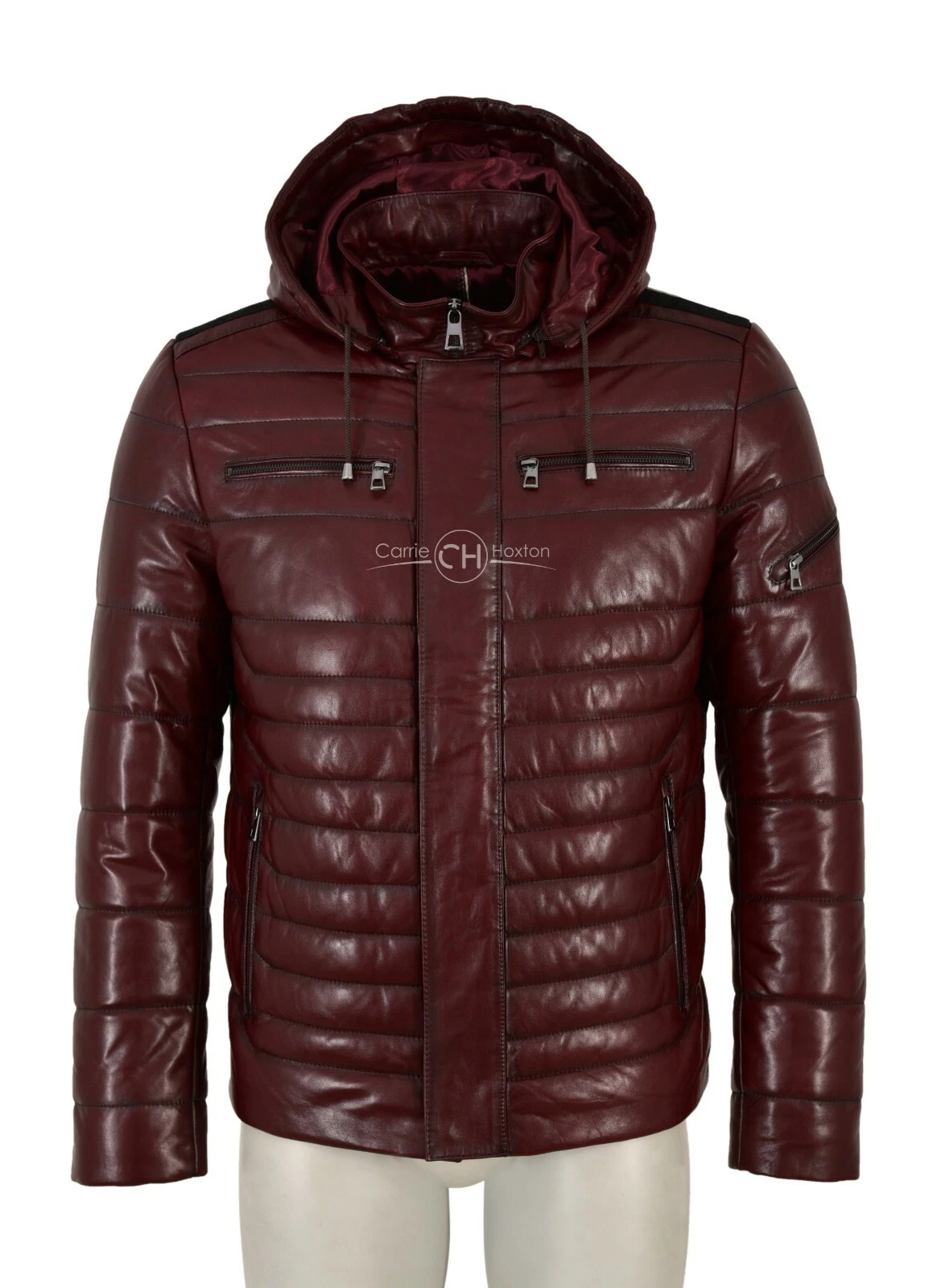 Mens Puffer Leather Jacket Cherry Hooded 100% Lambskin Quilted Sport Jacket
