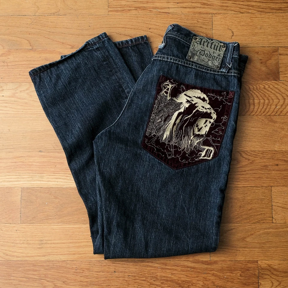 Y2K Artful Dodger Embroidered Jeans Mens 32 Baggy Skate Streetwear Jesse Pinkman - Image 4 of 4