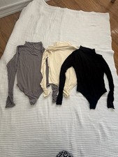 Women's Long Sleeve Bodysuit One Piece Solid Gray Beige Black Size M 3 Pack