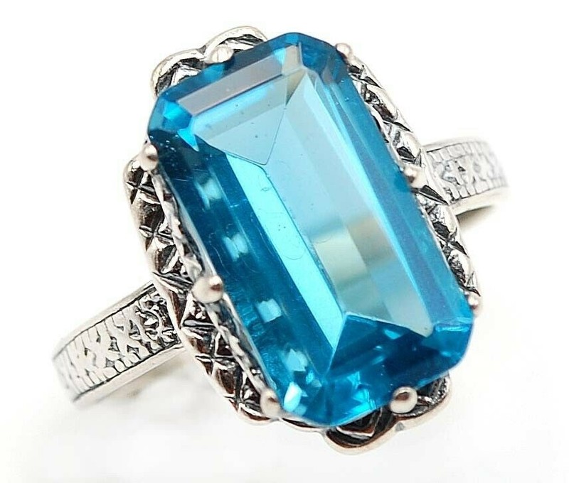 6CT Heat Treated Blue Topaz 925 Solid Sterling Silver Art Deco Ring Sz 8 XA1-2
