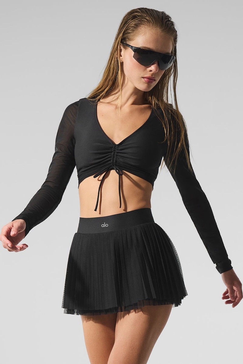 Alo yogaミニスカートTennis Style ブラック NWT Viral Alo Yoga Black Mesh Baseline Tennis Skirt Sizs XS