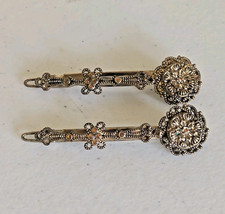 Vtg Victorian Hair Barrette Clip Floral Set Of 2 Gold Toned Filigree Amber