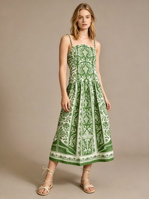 NWT Farm Rio Floral Delicate Tapestry Linen Drop-Waist Midi Dress Size XL Green