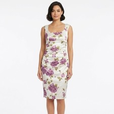 London Times Floral Sheath Dress Women 8P White Purple Ruched Satin