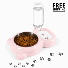 Pink 2-in-1 Pet Feeder Water Dispenser Stainless Bowl