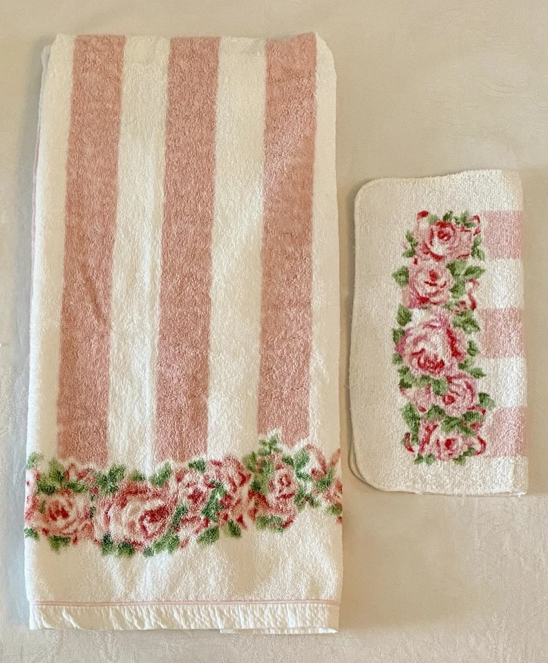 Juego de toallas de baño Laura Ashley rosa Country Roses rosa rayas florales cabaña 2 piezas Foto 2 de 4