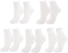 Women's Ruffle Socks, 5 Pairs White Frilly Sheer Ankle Socks, Cute Lace Style