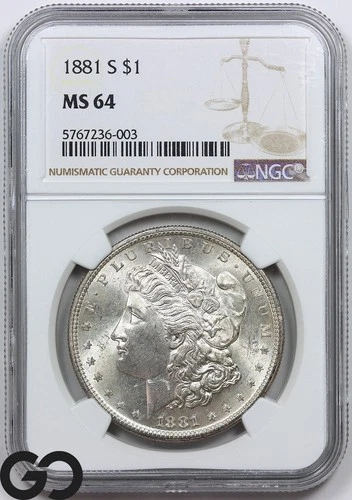 1881-S Morgan Silver Dollar Coin NGC MS 64 ** Strong Lustrous Beauty!
