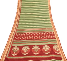 Sushila Vintage Green Red Saree 100% Pure Cotton Printed Woven Soft Craft Fabric