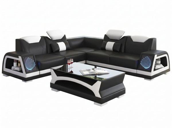 Ecksofa L-Form Schwarz Weiß Led Couchtisch Modern Wohnzimmer Set Sofa-image