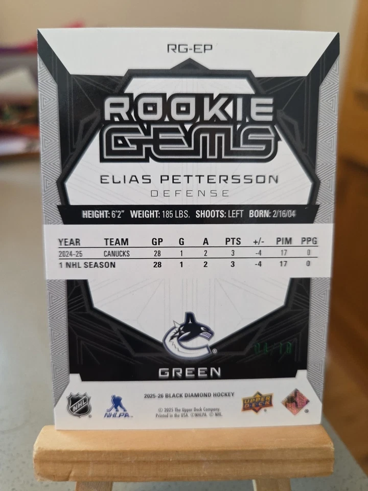 25/26 2025 BLACK DIAMOND ELIAS PETTERSSON RG-EP ROOKIE GEMS GREEN 4/10 VANCOUVER - Image 2 of 3