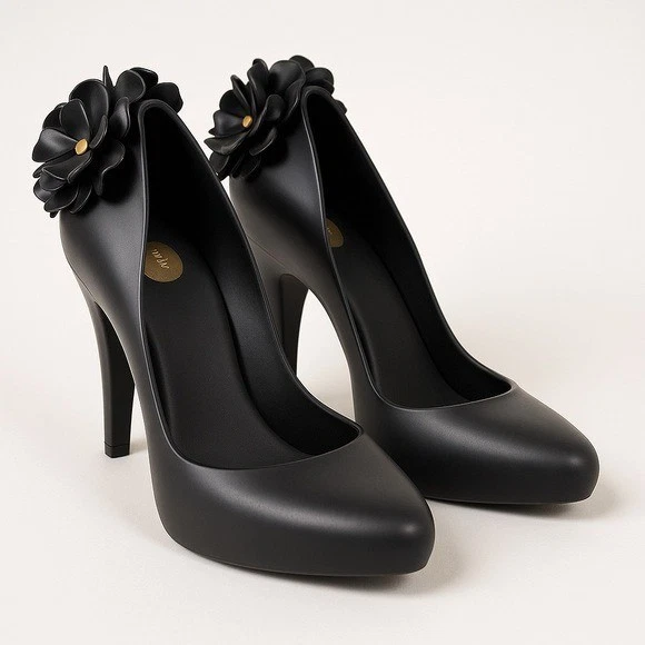 Melissa Incense Garden Floral Heels Black Size 10 – Vegan Rubber Flower Pump – C - Image 2 of 4