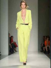 Tailleur Completo Ufficio Outfit Set Outfit Giacca Blazer Giallo Verde 08558