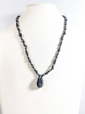 Black Gray Glass Bead Teardrop Pendant Longer Necklace 24 inch