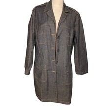 vintage Navi denim blue jean long jacket slit in back cotton lycra women's 2XL