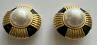 Vintage Black Enamel Faux Pearl Clip-On Earrings Goldtone Round Costume Jewelry