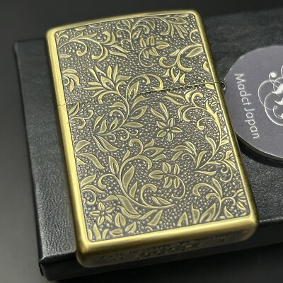 Zippo Oil Lighter Antique Brass Gold Arabesque Double Sided Processing Japan