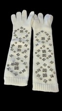 Vintage 16" Long White Winter Gloves With Clear Gemstones