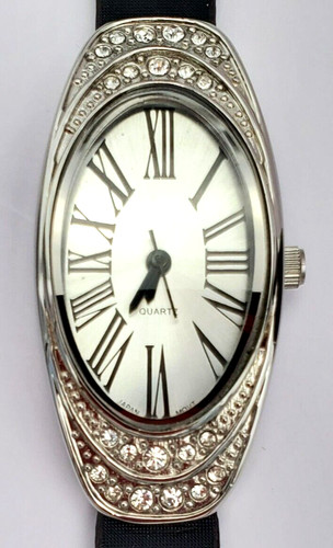 Slim TCZ Silver-tone women's Quartz Watch with Faux Leather Strap Crystals