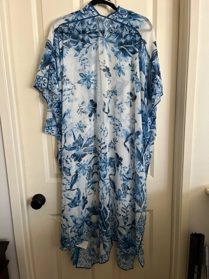 Nuevo H&M Largo Semi Transparente Cubierta Azul y Blanco Talla Única Túnica Botón Delantero Foto 3 de 4