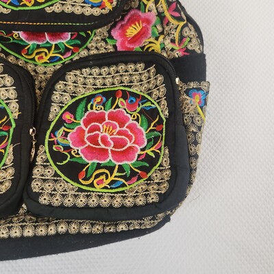 Black Embroidered Mexican Backpack Bag Pink Flowers Travel Pack Black Embroidered Mexican Backpack Bag Pink Flowers Travel  main image 2