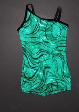 NWOT Shorty unitard Green Small ch w/ Black velvet straps Small child Gymnastics