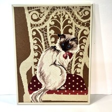 Vintage Siamese Himalayan Cat Original Framed Needlepoint Wall Art 18 x 13.5