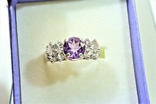 WOW NATURAL AMETHYST  WHITE TOPAZ SET IN 925 STERLING SILVER CLUSTER RING SZ 7
