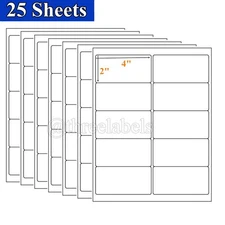 250 2" x 4" White Self Adhesive Mailing Postage Shipping Labels 10 Up (25 Sheet)