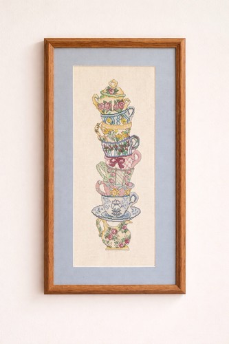 Vtg Framed & Completed Candamar Designs Tea Cup Stack Counted Cross Stitch