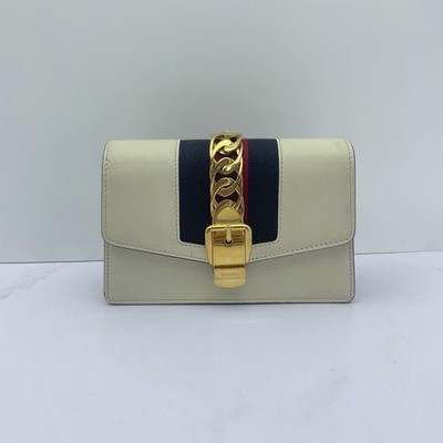 Gucci Sylvie Mini White Leather Chain Shoulder Flap Bag Gold Hardware