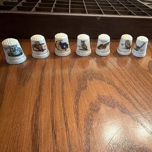 Lot of 7 White Porcelain Animal Design Sewing Thimbles Owls