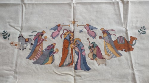 Vtg Dimensions Cross Stitch Blessed Nativity Tree Skirt/Wall Decor, 34 x 12.5