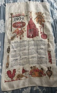 Vintage 1974 Linen Kitchen Tea Towel Calendar Featuring an Inn scene.