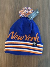 City Hunter New York Knit Winter Hat Blue Orange White Stripes Pompom Unisex