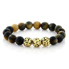 7 Inch Round 6mm Tiger's Eye Beaded Stretchy Bracelet With 3 Gold Design
