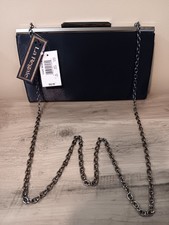 La Regale Navy Blue Satin Silver Chain Straps Clutch Shoulder Bag Evening Purse