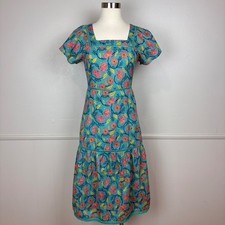Maisie Tiered Midi Dress Size XS Teal Pink Floral Square Neck Lined Cottagecore
