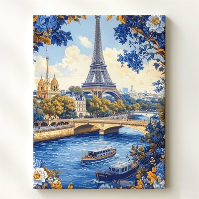 Vintage Paris Canvas Blue And Gold Illustration Of The Eiffel
