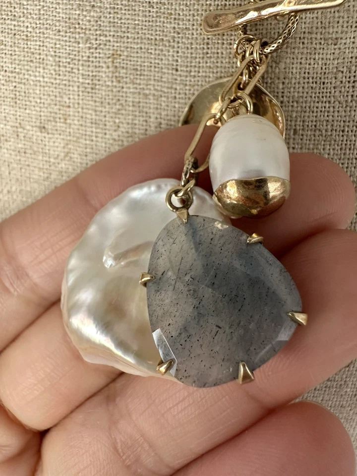 Chan Luu Gold Tone Baroque Pearl Labradorite Charm Toggle Necklace 30” - Image 3 of 4