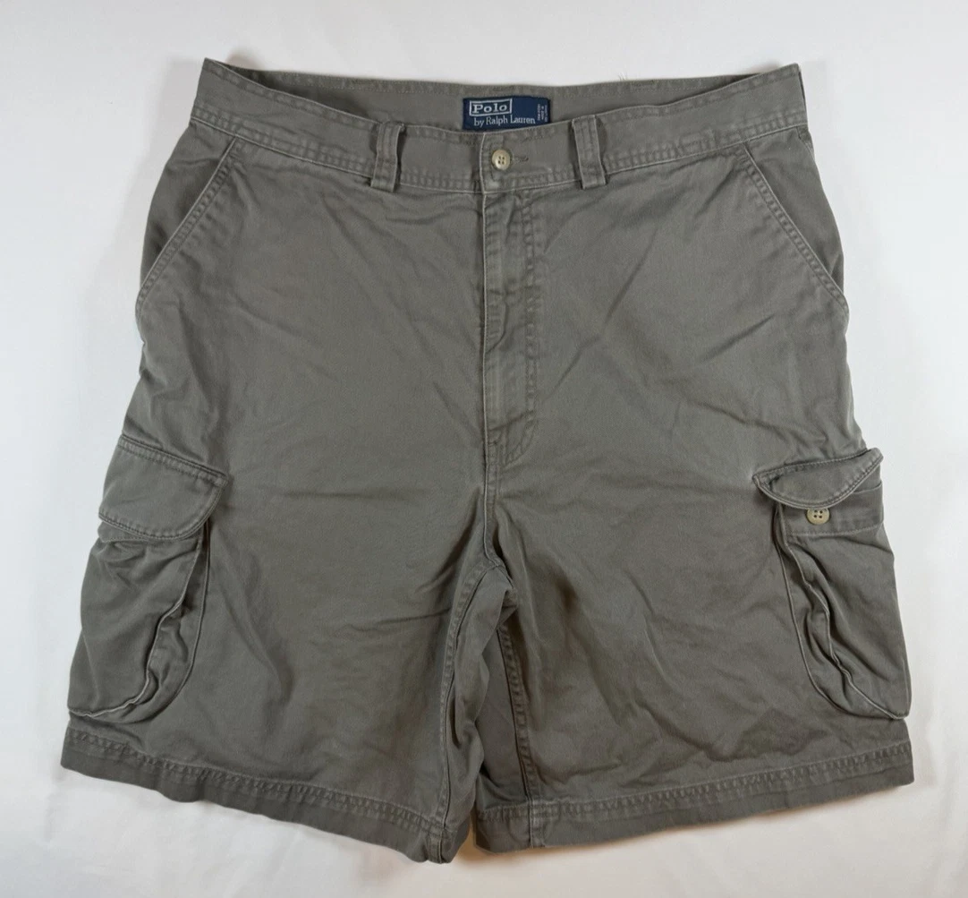 Mens 35 Polo Ralph Lauren Cotton Cargo Shorts Gray Casual Pockets Utility Y2K